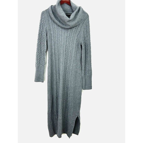 Tahari Women Size L Sweater Dress Storm Gray Cable Knit Cowl Neck Midi Sheath T3 - Picture 3 of 12